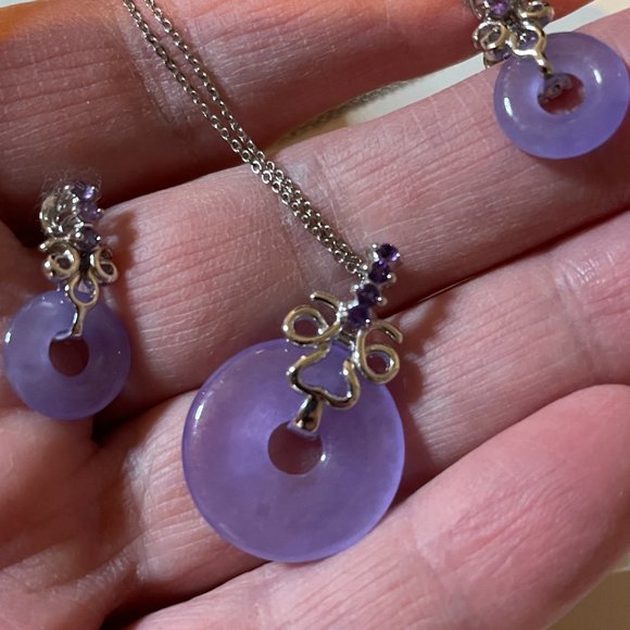 💜 Sterling Silver Lavender Jade Amethyst Earrings and Pendant Necklace Set 925 - Picture 12 of 15